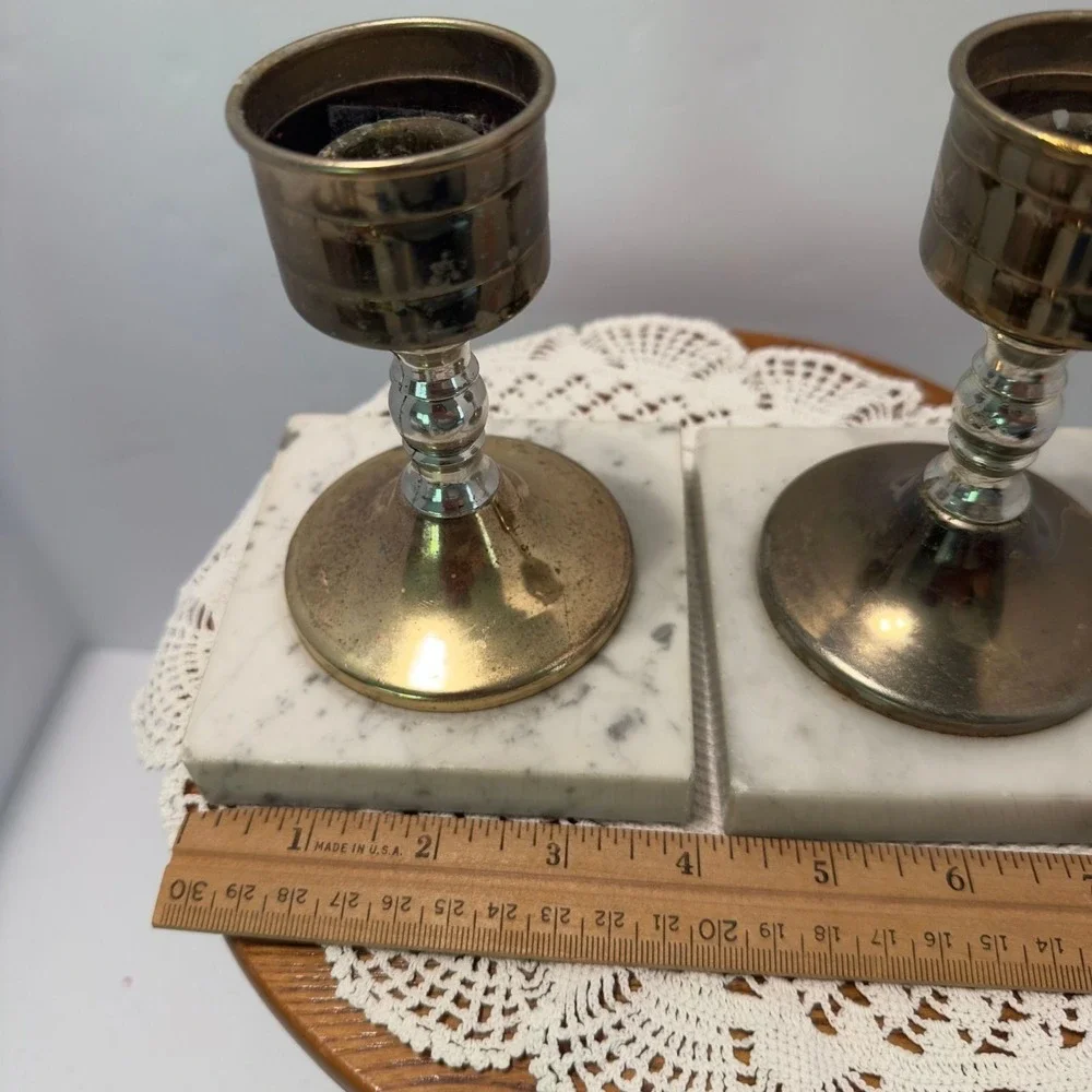 Vintage Brass Silver Metal Candle Holders White Marble Square Base Pair Set of 2